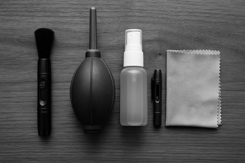 A black and white photograph of a complete camera cleaning kit laid out on a textured wooden surface. The set includes a lens brush, air blower, spray bottle, cleaning pen, and microfiber cloth arranged neatly, with soft lighting highlighting their textures