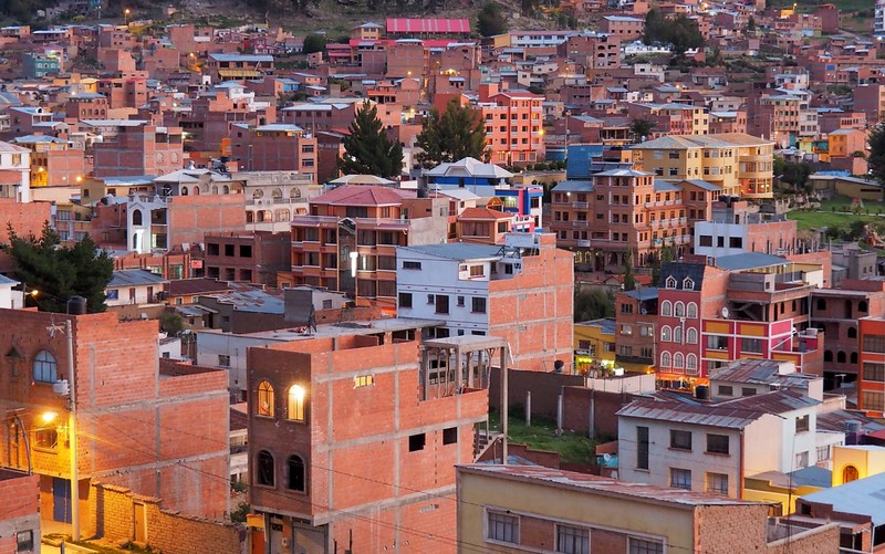 Copacabana at dusk looking out over the town from a high vantage point in Bolivia 