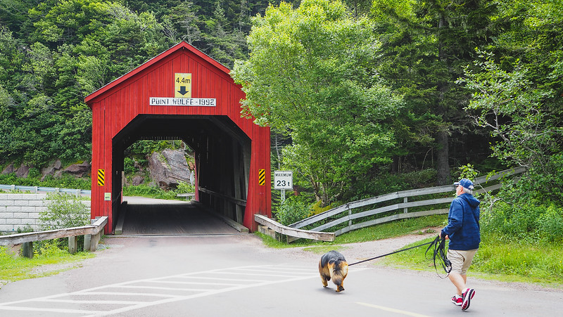 Covered Bridge in Fundy National Park with Togo the German Shepherd and Audrey's Dad Daniel going for a walk in New Brunswick