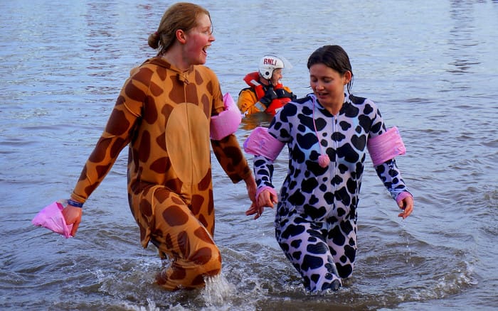 Cow and giraffe at the Loony Dook as two friends dressed as a giraffe and a cow come splashing out of the water