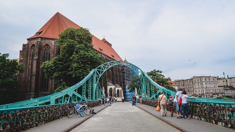 Crossing the bridge to Cathedral Island in Wroclaw, Poland Crossing the bridge to Cathedral Island in Wroclaw, Poland