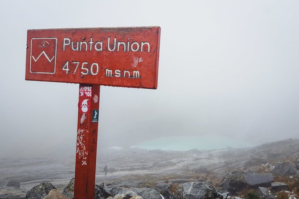 Crossing the Punta Union on the Santa Cruz Trek in Peru which 4750 meters above sea level