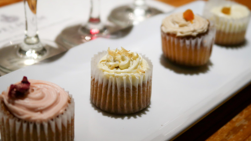 Cupcake and wine pairing at Delheim in Stellenbosch, South Africa with an assortment of sweet flavours to choose from 