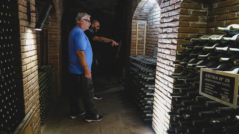 Daniel Bergner enjoying a tour of the wine cellar at Bodegas Lopez in Mendoza
