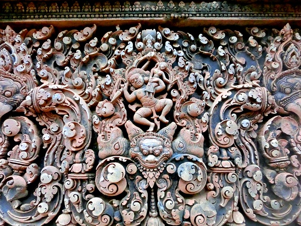 Details of Banteay Srei also known as the pink sandstone temple in Cambodia 