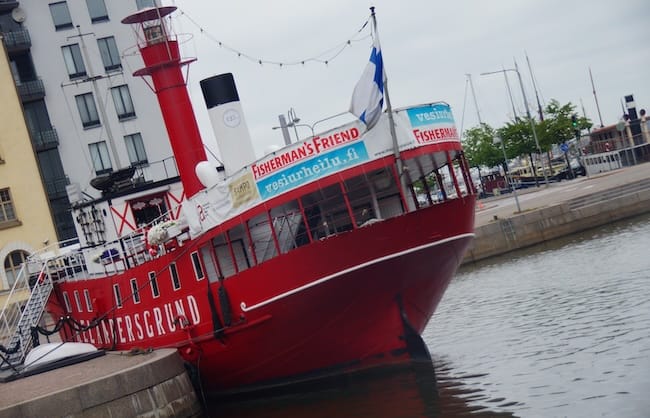 Distinct red fishing boat in Helsinki, Finland 