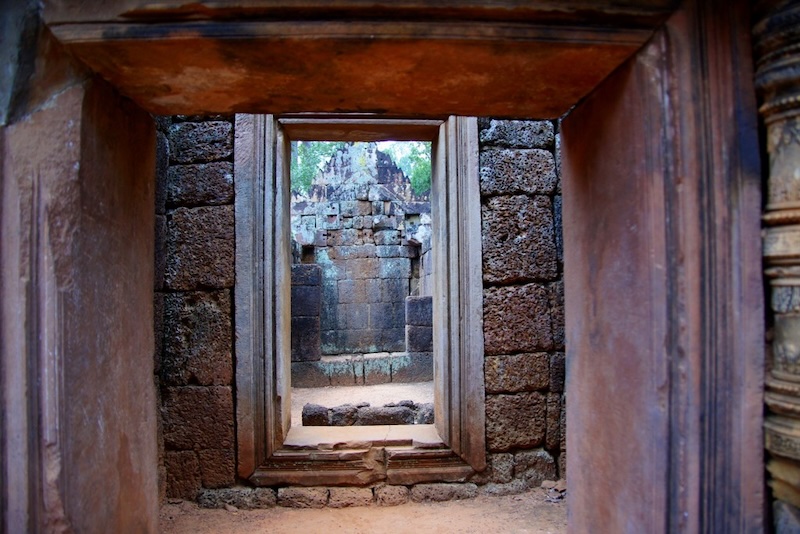 Doorway entrance leading to another doorway at Banteay Srei in Cambodia temple complex 