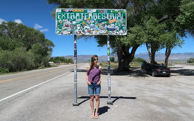Driving the Extraterrestrial Highway Audrey Bergner That Backpacker posing A Nevada Road Trip in Search of Aliens! State Route 375 in Nevada