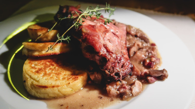 Duck leg in wine sauce with dumplings and mushrooms at Modrá Hviezda as a hearty meal worth trying if you are visiting Bratislava Duck leg in wine sauce with dumplings and mushrooms at Modrá Hviezda as a hearty meal worth trying if you are visiting Bratislava