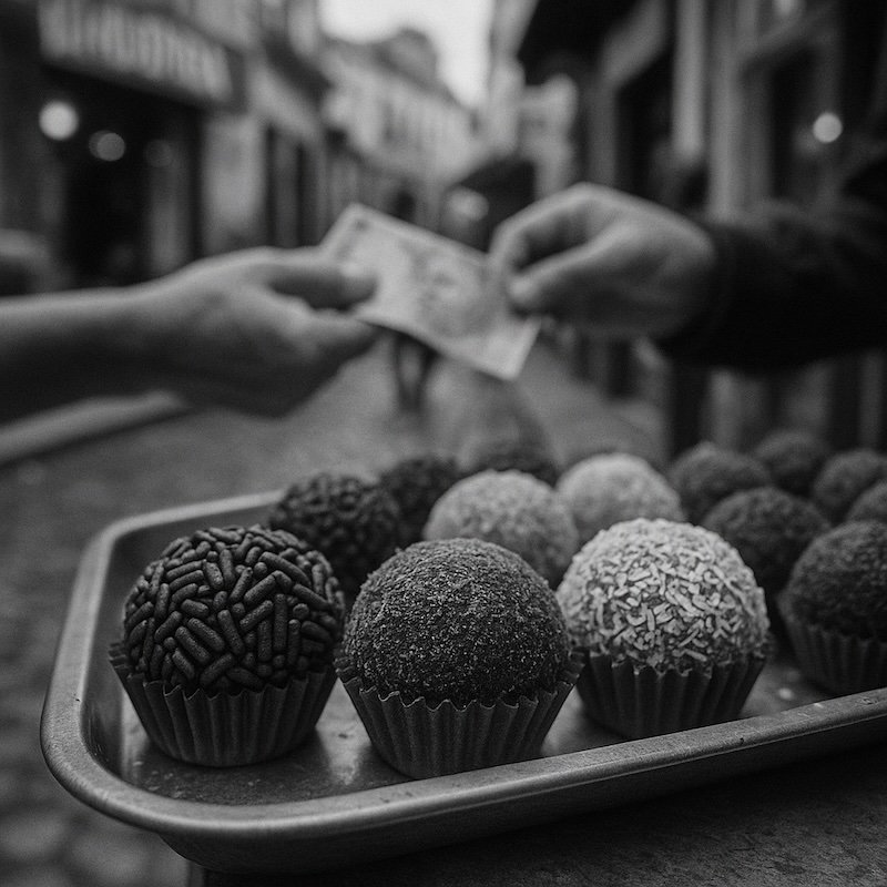 Eating brigadeiros as a sweet street snack in Florianopolis, Brasil 