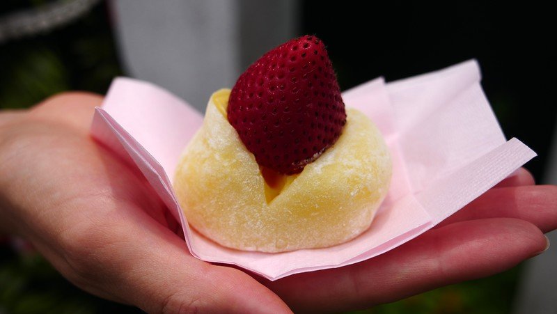 Eating strawberry and custard mochi on our Kamakura day trip macro details of this sweet street food snack in Japan Eating strawberry and custard mochi on our Kamakura day trip macro details of this sweet street food snack in Japan