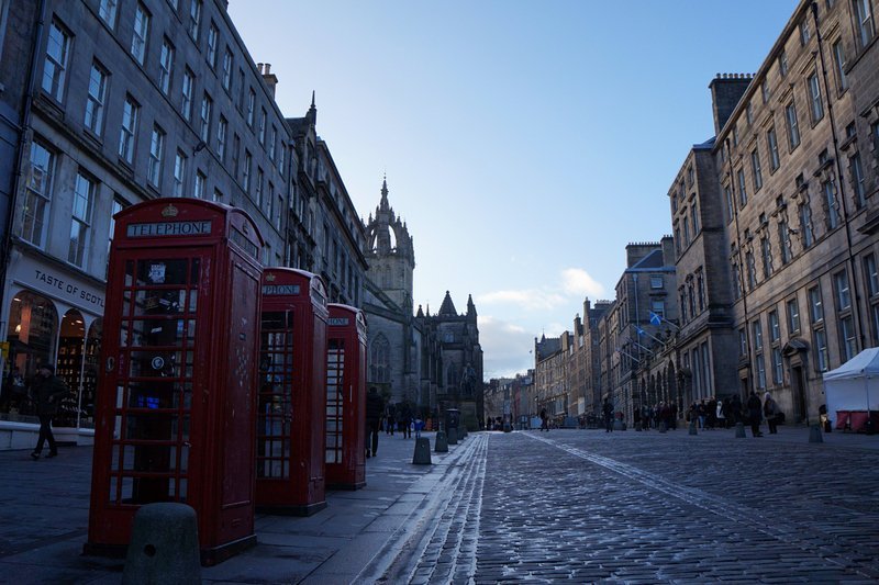 Edinburgh Royal Mile Telephone Box in Scotland is a retro landmark that is iconic to this day 