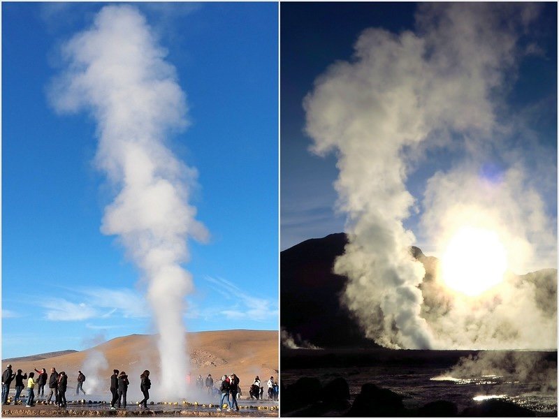 Powerful steam plumes rising from El Tatio Geysers at sunrise in the Atacama Desert, Chile, with tourists observing the geothermal spectacle