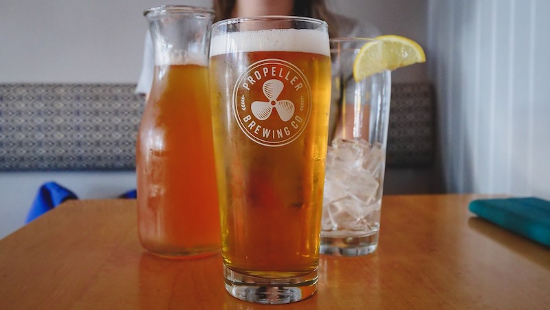 Enjoying a local pint at Propeller beer company in Lunenburg, Nova Scotia 
