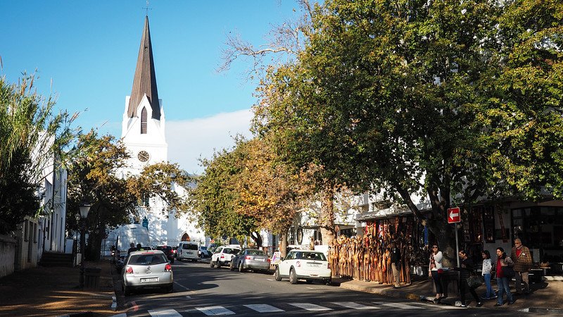 Enjoying the architecture around Stellenbosch including cathedrals with beautiful trees lining the sidewalks and both sides of the street