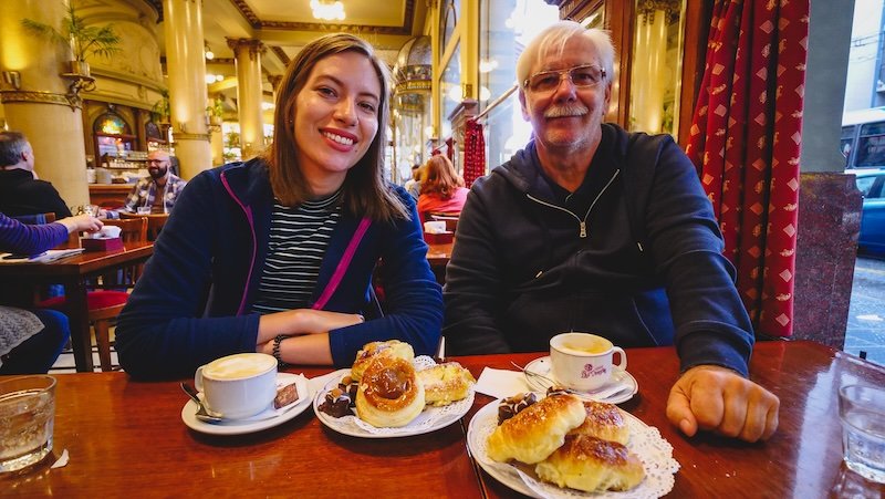 Enjoying the cafe culture in Buenos Aires with coffee, facturas and dulce de leche treats in a beautiful setting 