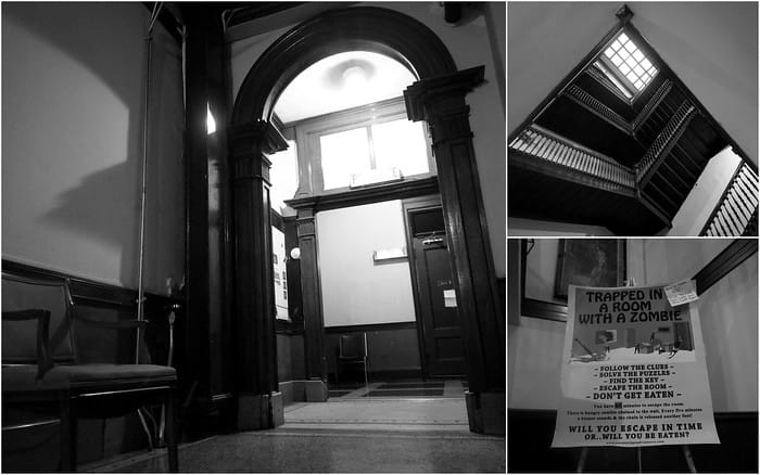 Entrance to the room escape game in Chicago which was a distinct old building