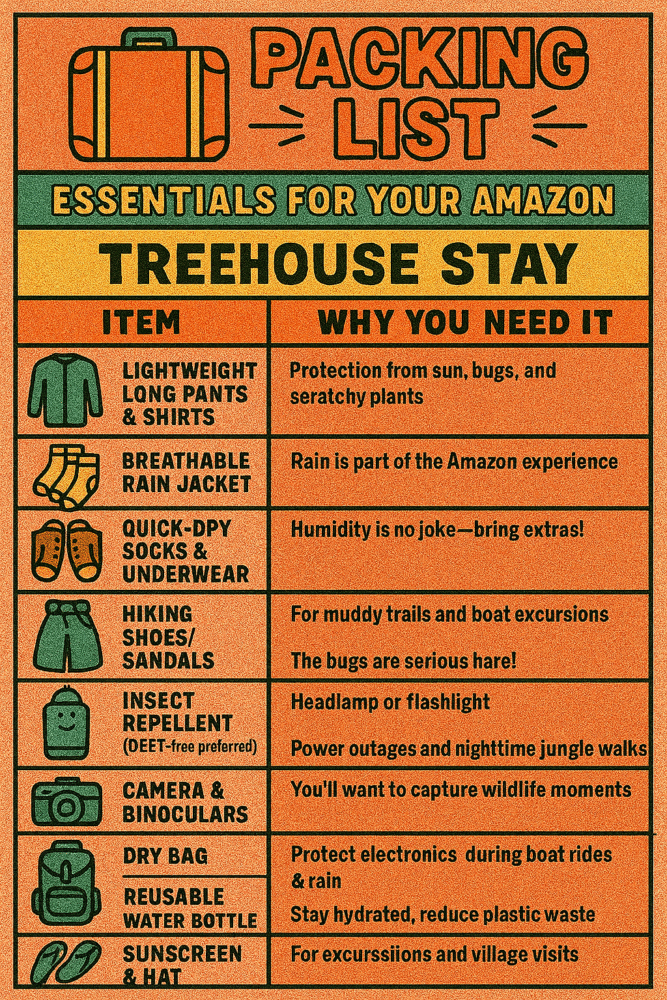 Essential packing list for your Amazon Treehouse stay including all items you could think of bringing on your trip infographic 