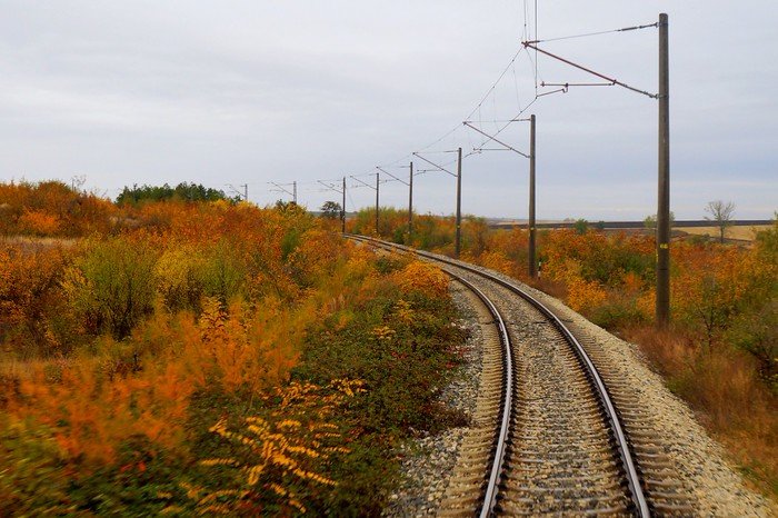 Railway tracks curving through autumn countryside in Europe, surrounded by colorful orange, yellow, and green foliage under a cloudy sky, capturing the scenic and relaxing experience of traveling by train across the continent