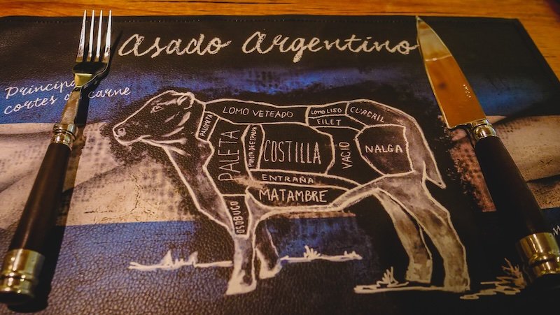 A placemat illustrating the different beef cuts used in an Argentine asado, with a butcher’s diagram of a cow labeled in Spanish. A knife and fork frame the image, setting the table for a traditional barbecue experience at Finca Adalgisa in Mendoza
