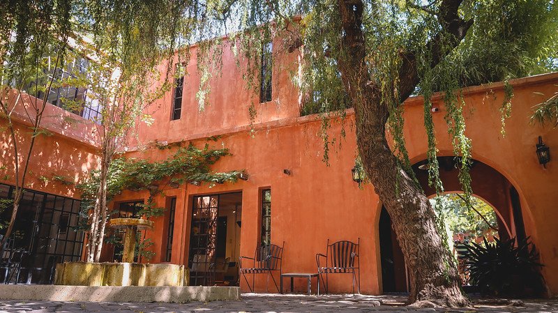 The reception area at Finca Adalgisa in Mendoza, Argentina, features a terracotta building shaded by a large tree, with wrought-iron chairs, vine-covered walls, and soft sunlight filtering through the branches—setting a warm welcome for guests