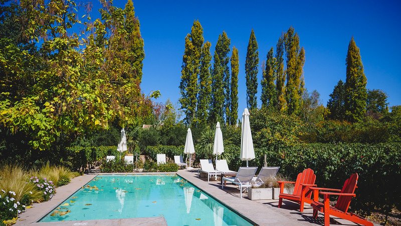 The swimming pool at Finca Adalgisa in Mendoza, Argentina, surrounded by lush vineyards and tall poplar trees. White loungers and umbrellas line the poolside, while two bright red chairs add a pop of color, creating a relaxing wine hotel retreat