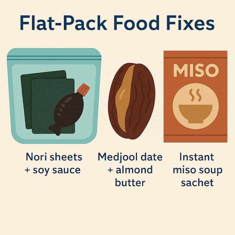 Flat pack food fixes including dates, nori and miso soup as ready to eat snacks and meals 