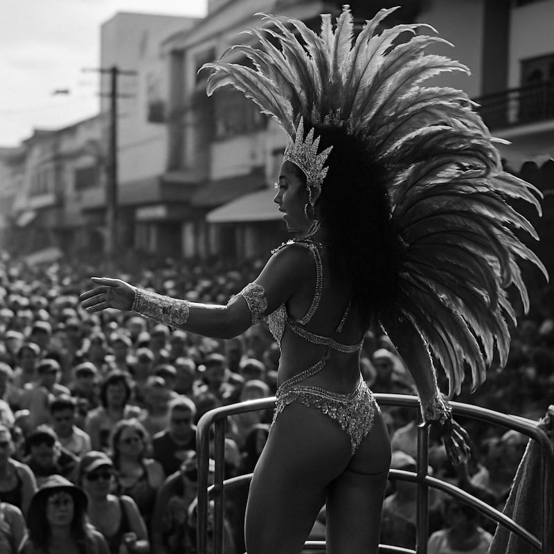 A black and white photograph of a Carnaval parade in Florianópolis, Brazil, taken from a distant vantage point. A dancer in an elaborate feathered headdress and sparkling costume stands on a float, gesturing toward a cheering crowd lining the street. The atmosphere is festive and electric