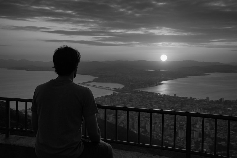 A black and white photograph of the sunset view from Morro da Cruz in Florianópolis, Brazil. A person sits at a railing overlooking the city, bridge, and bay as the sun sets over distant mountains. The scene captures the island’s scenic beauty and peaceful atmosphere
