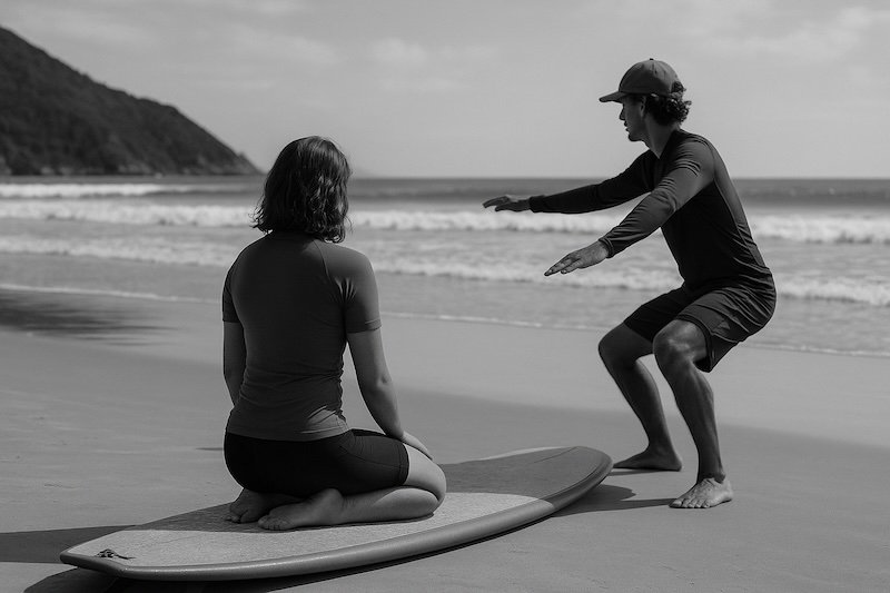 A black and white photograph of a surfing lesson on a beach in Florianópolis, Brazil. An instructor and student are facing the ocean with their backs to the camera. The student kneels on a surfboard while the instructor demonstrates a stance, with waves and a coastal hill in the background