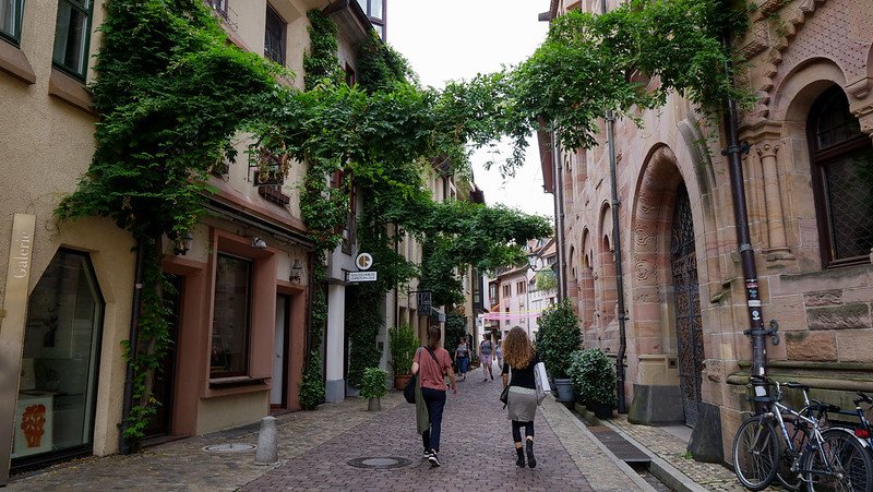 Audrey Bergner of That Backpacker strolling along a cobblestone lane lined with ivy-covered buildings during a guided walking tour in Freiburg im Breisgau, Germany, showcasing the city’s charming medieval architecture