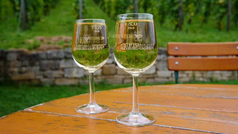 Full wine glasses on the table at Freyburg Unstrut, Germany 