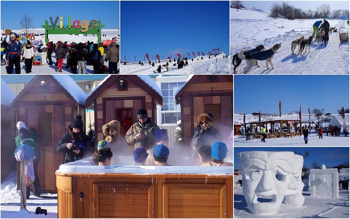 Fun activities at Carnaval de Quebec in Canada including sauna and dog sled and sledding and ice sculpture making 