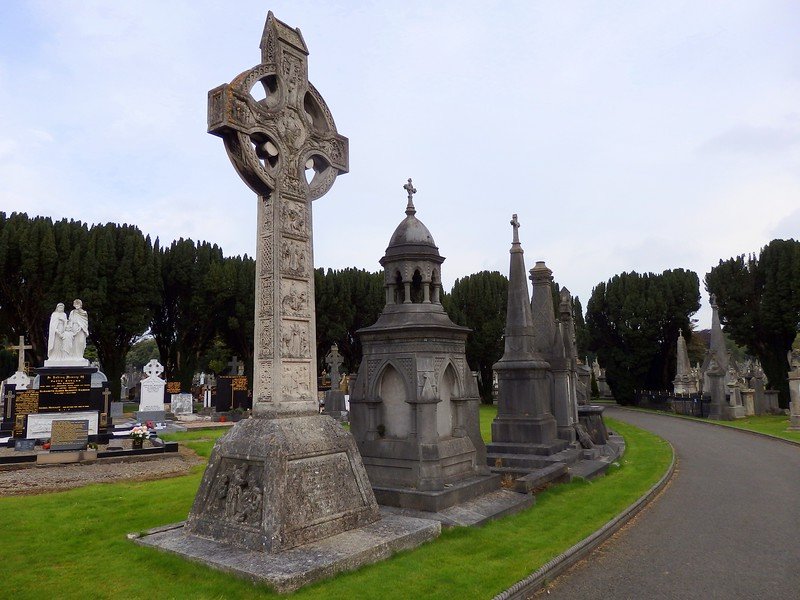 Glasnevin Cemetery in Dublin, Ireland featuring rows of ornate graves and large stone tombstones