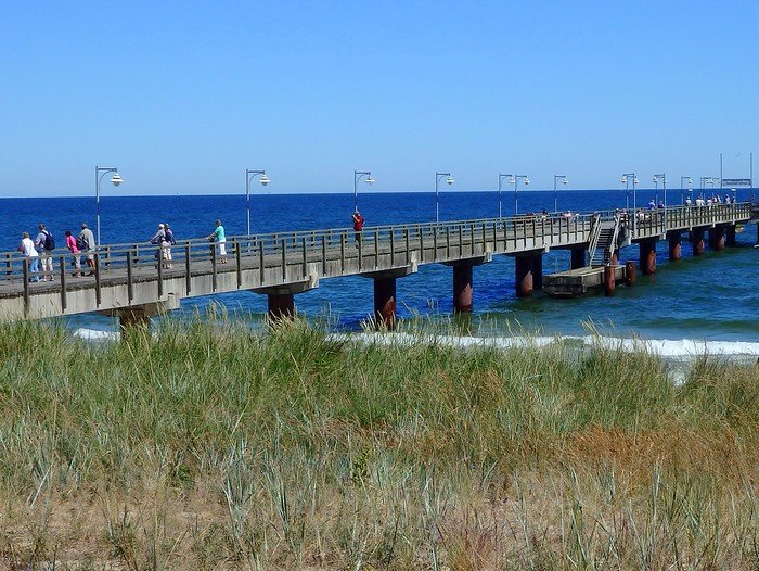 Visitors strolling along the long wooden pier in Göhren on Rügen Island, Germany, overlooking the deep blue waters of the Baltic Sea under a clear summer sky