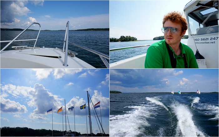Going boating out on the Baltic Sea in Finland with boat views, waves, country flags and Nomadic Samuel chilling with sunglasses 