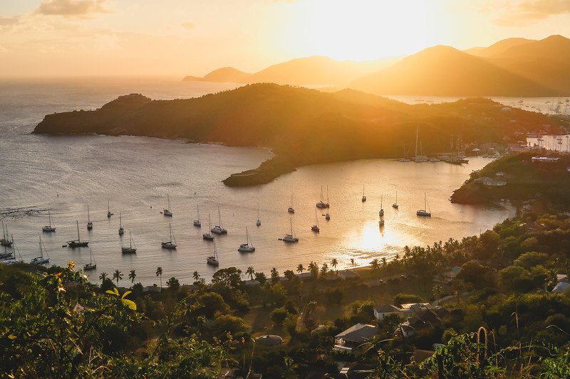 Golden sunset from Shirley Heights over English Harbour with some of the best views in all of Antigua Golden sunset from Shirley Heights over English Harbour with some of the best views in all of Antigua