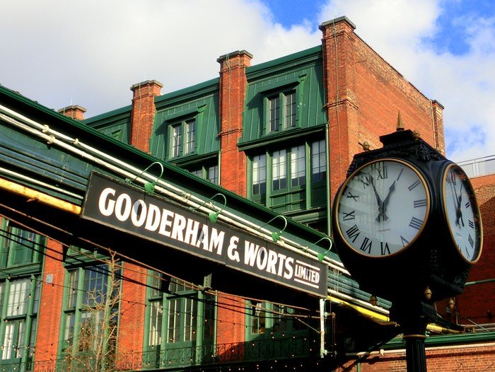Gooderham and Worts in the Distillery District with distinct signage and clock for the Toronto Christmas Market in Canada 