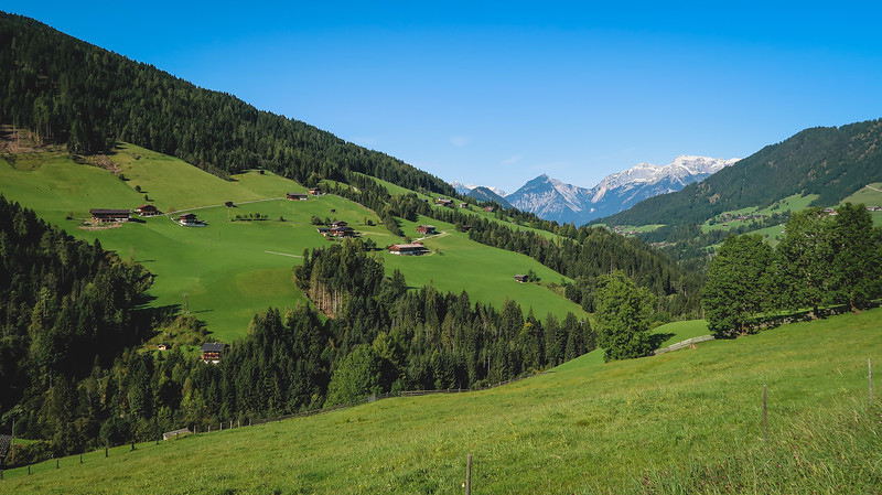 Green valleys and snowcapped mountains in Tirol, Austria are your reward for either hiking or biking up to a high vantage point 