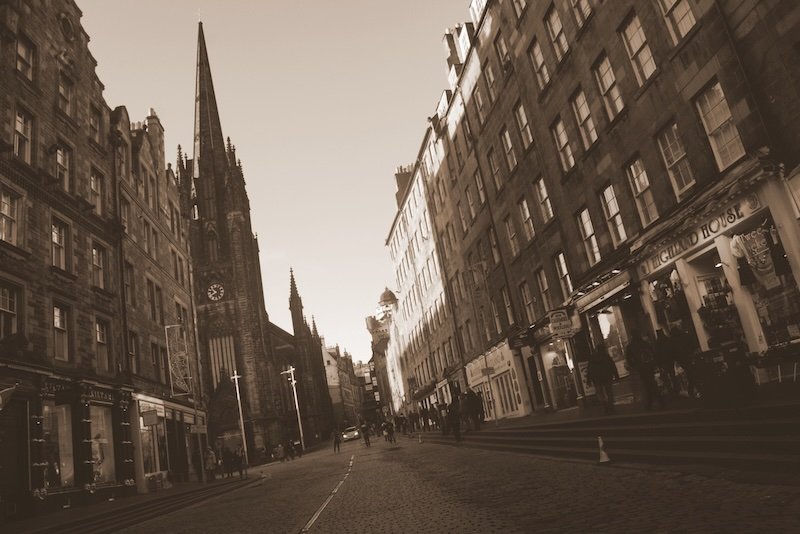 Greyscale ground level moody views of Edinburgh city in Scotland 