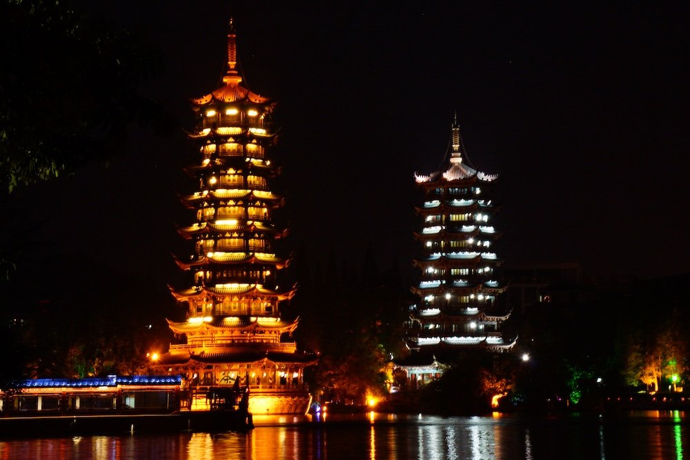 Guilin at night with pagaodas all lit up and colorful in China as a region to consider visiting on your trip across mainland China 