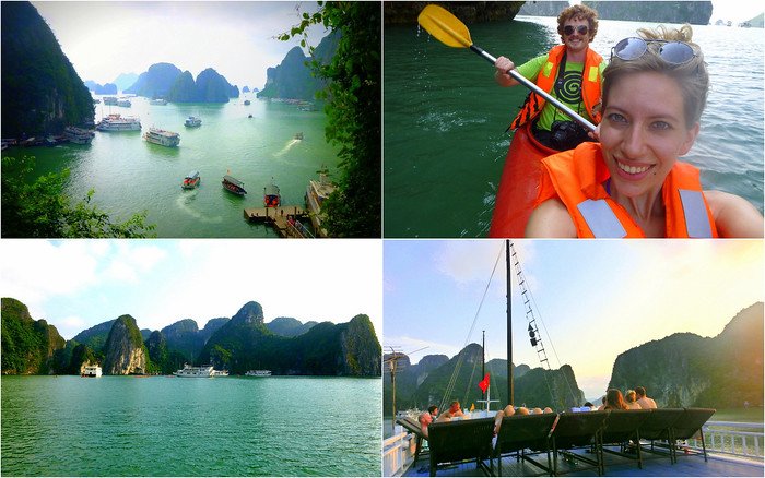 Cruising through the emerald waters of Halong Bay, Vietnam — panoramic limestone karsts, scenic boat views, kayaking adventures, and sunset deck relaxation with Nomadic Samuel and Audrey Bergner of That Backpacker