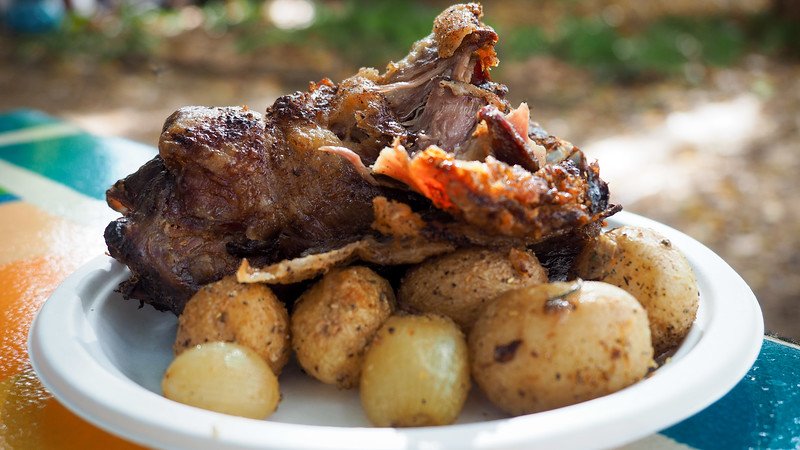 Having braai at the Blaauwklippen Family Market in Stellenbosch with generous portions of meat on the plate with a side of roasted potatoes