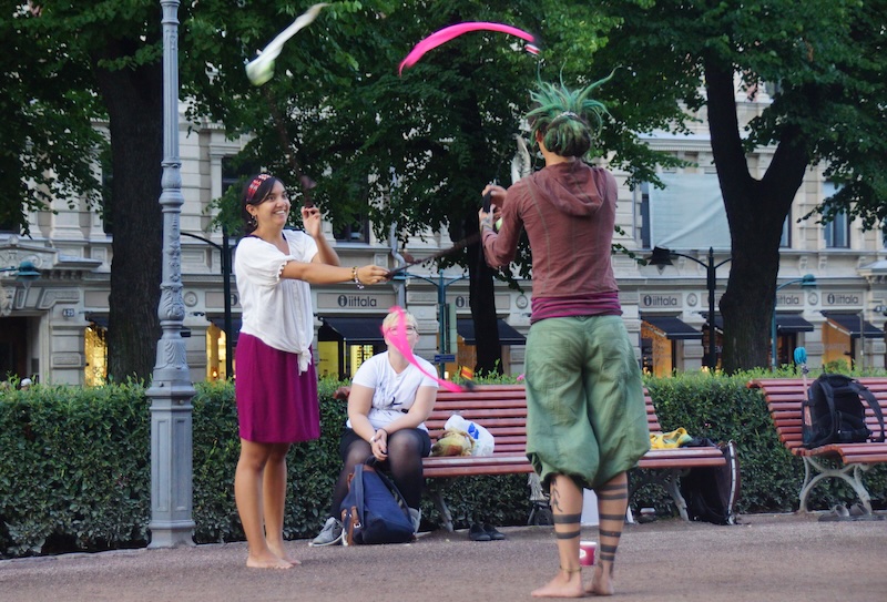 Helsinki street performers with big smiles in Helsinki, Finland Helsinki street performers with big smiles in Helsinki, Finland