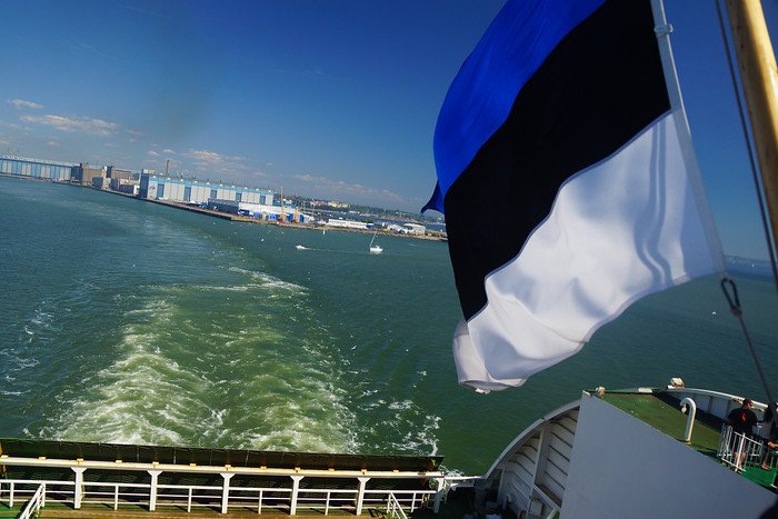Estonian flag waving on the ferry crossing the Baltic Sea from Helsinki to Tallinn, a popular day trip between Finland and Estonia
