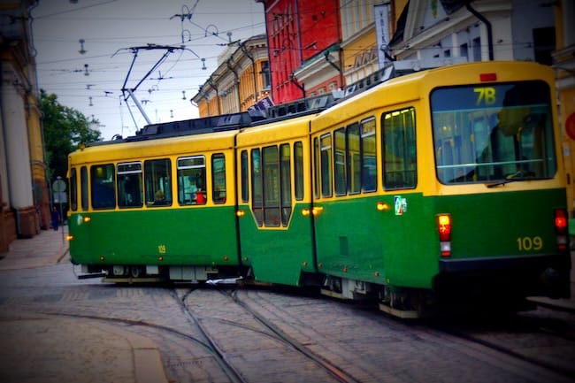 Helsinki tram green and yellow distinct transportation in the city 
