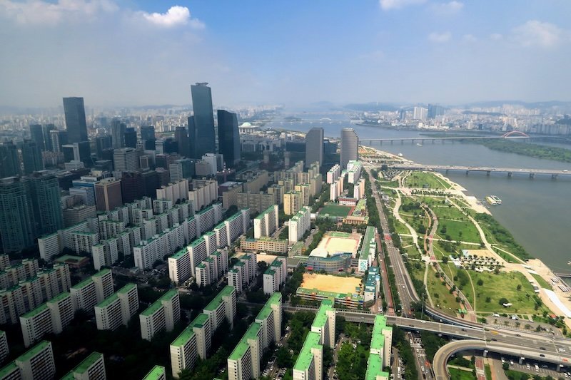 High vantage point views of Seoul along the Han River in South Korea 