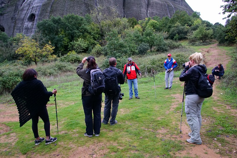 Hiking tour of Meteora, Greece with all hikers gathered and taking photos prior to getting started with the actual hike 