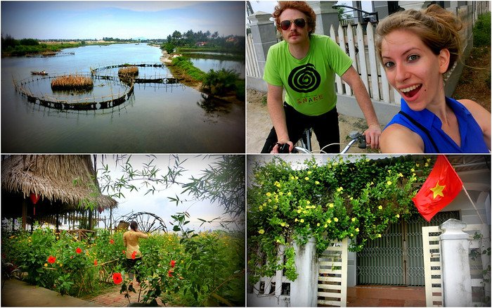 Nomadic Samuel and That Backpacker Audrey Bergner cycling through the peaceful countryside and vibrant flower gardens on the outskirts of Hoi An, Vietnam, passing traditional fish farms and homes adorned with the Vietnamese flag