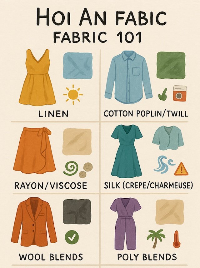 Illustrated Hoi An Fabric 101 guide showing different types of fabrics used by local tailors in Hoi An, Vietnam, including linen, cotton poplin/twill, rayon/viscose, silk (crepe/charmeuse), wool blends, and poly blends, with icons and clothing examples highlighting each fabric’s texture, weight, and ideal use for custom-made garments